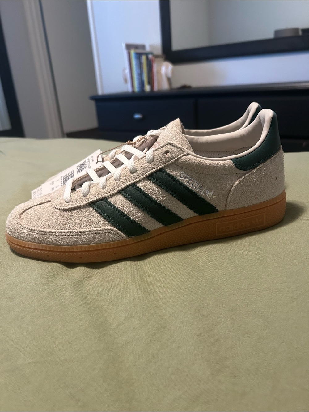 adidas Suede Sneakers in Off-White with Dark Green Stripes and Gum Sole - Picture 9 of 15